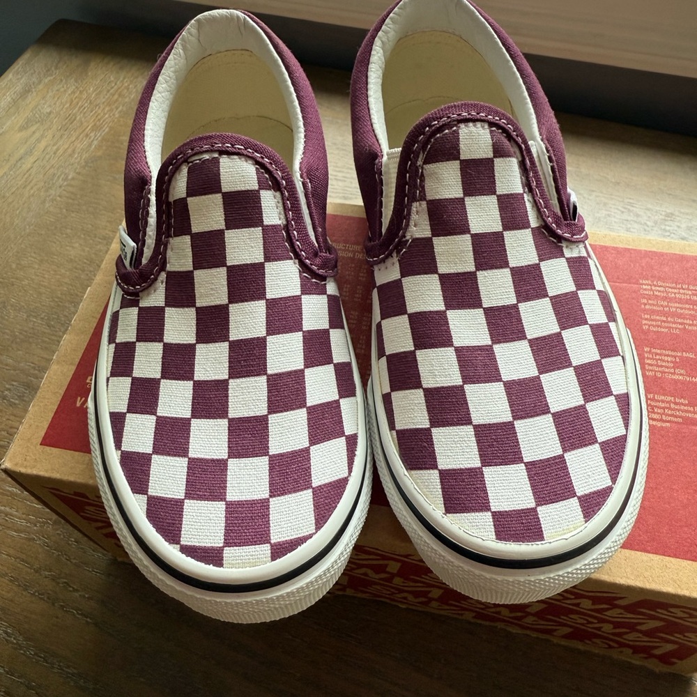 Vans Kids Burgundy and White Checkerboard Slip-On Sneakers